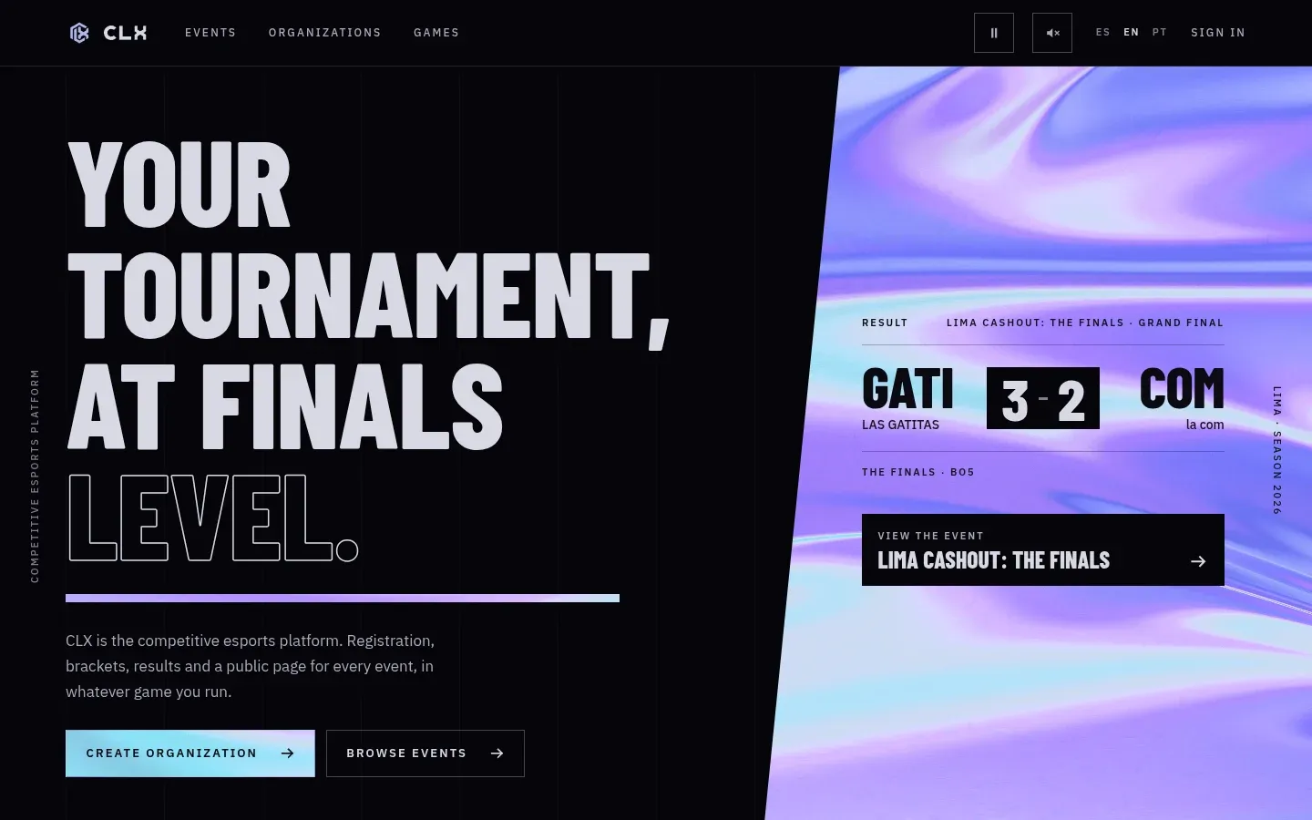 The CLX front page with the headline “Your tournament, at finals level” and the result of the first Lima Cashout grand final: LAS GATITAS 3, la com 2.
