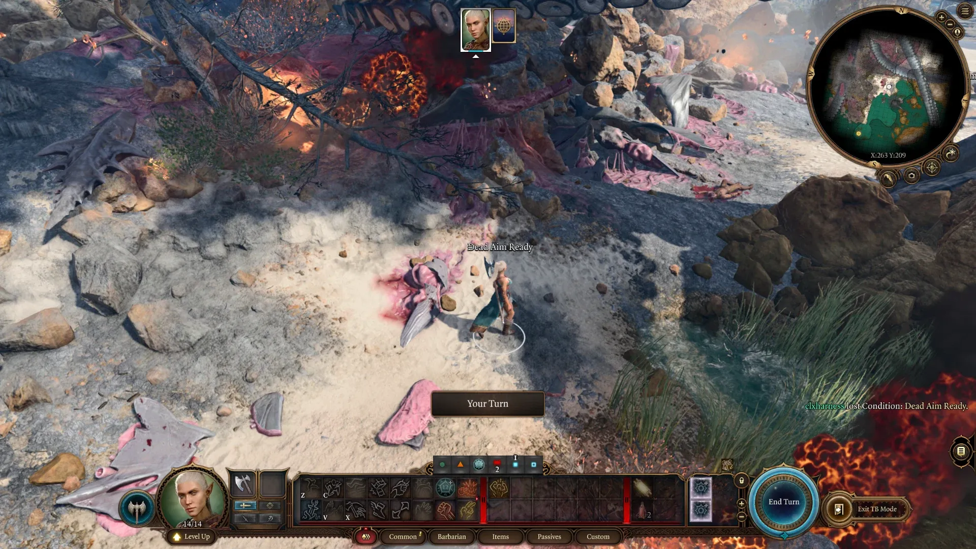 Captura de Baldur’s Gate 3 durante una prueba automática: el personaje de prueba con el estado listo en modo por turnos.