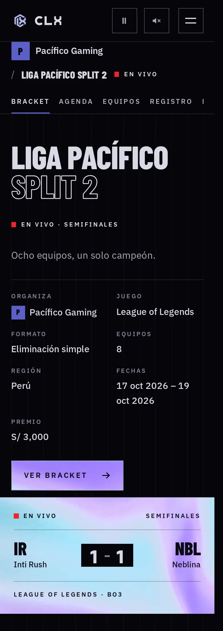 La misma página del evento en un teléfono de 390 px de ancho, con el marcador en vivo debajo de los datos del evento.